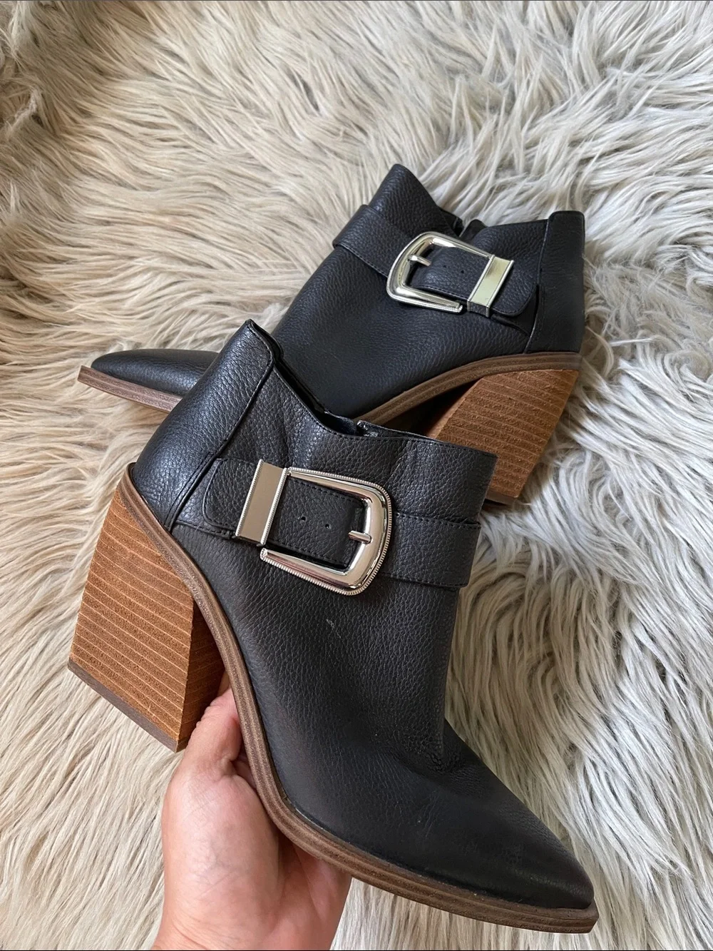Vince Camuto Black Leather Buckle Ankle Booties
